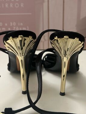 Sam Edelman Black Suede Sandal Heels with Gold Sculpted Stilettos